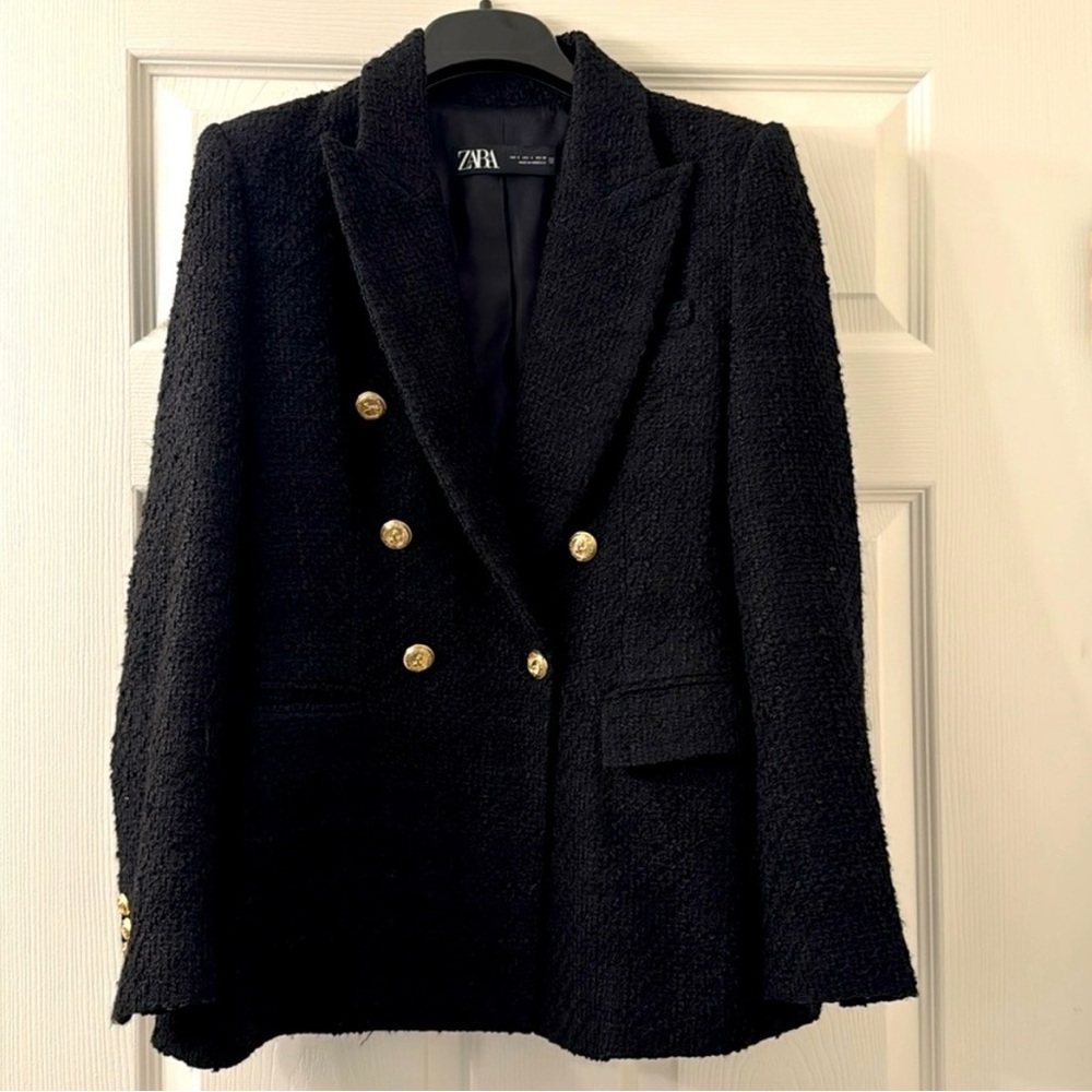 Zara Women's Elegant Black Blazer with Gold Accents